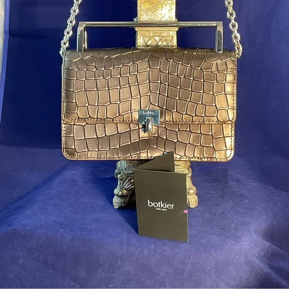 Botkier Metallic Croc-Embossed Leather Chain Crossbody Clutch Gunmetal